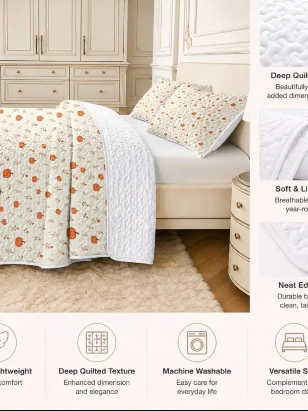 Pumpkin Print Quilted Bedspread Set - White & Orange
